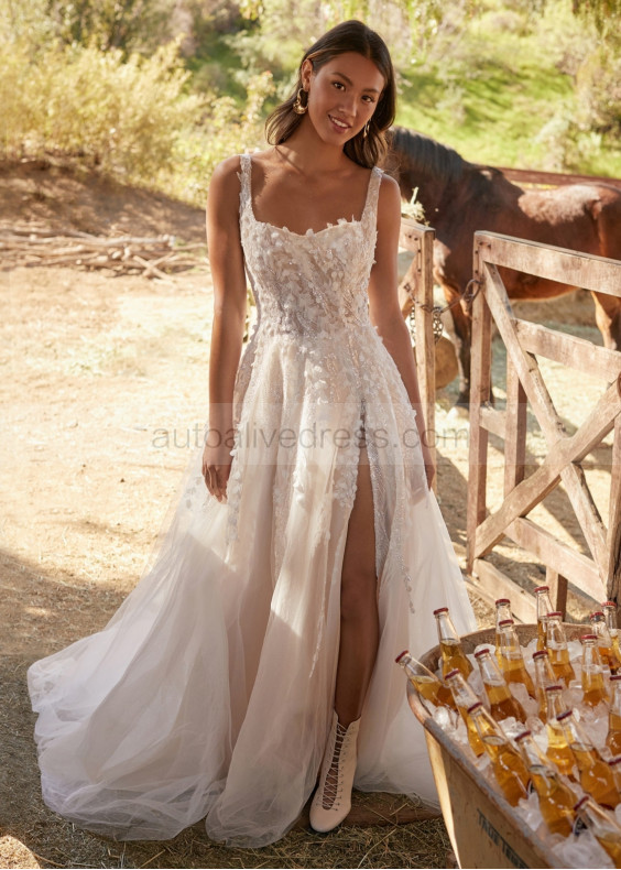 Ivory 3D Floral Lace Tulle Slit Glitter Wedding Dress
